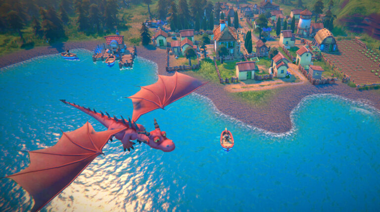 Fabledom dragon flying over water