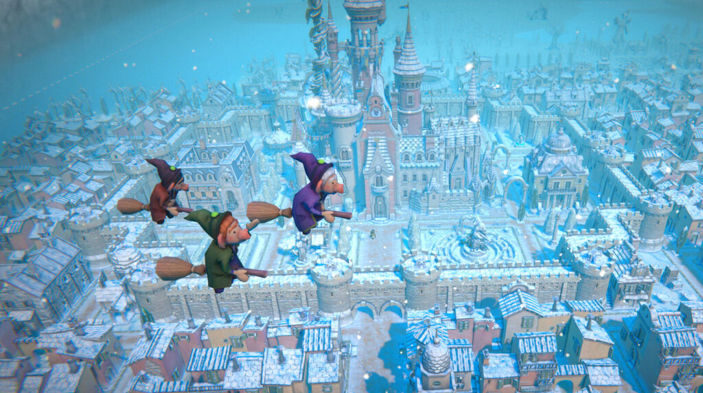 Fabledom witches flying on brooms over snow-covered kingdom